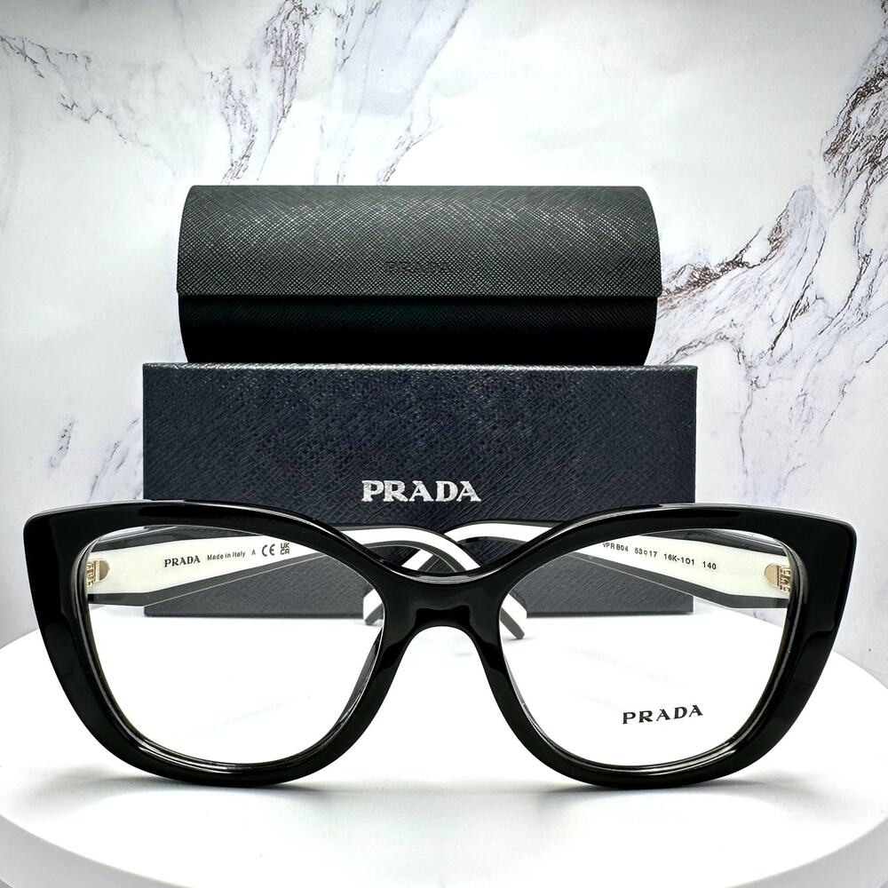 New PRADA Eyeglasses Cat Eye Black White Gold 53-17-140 Womens - Picture 16 of 16